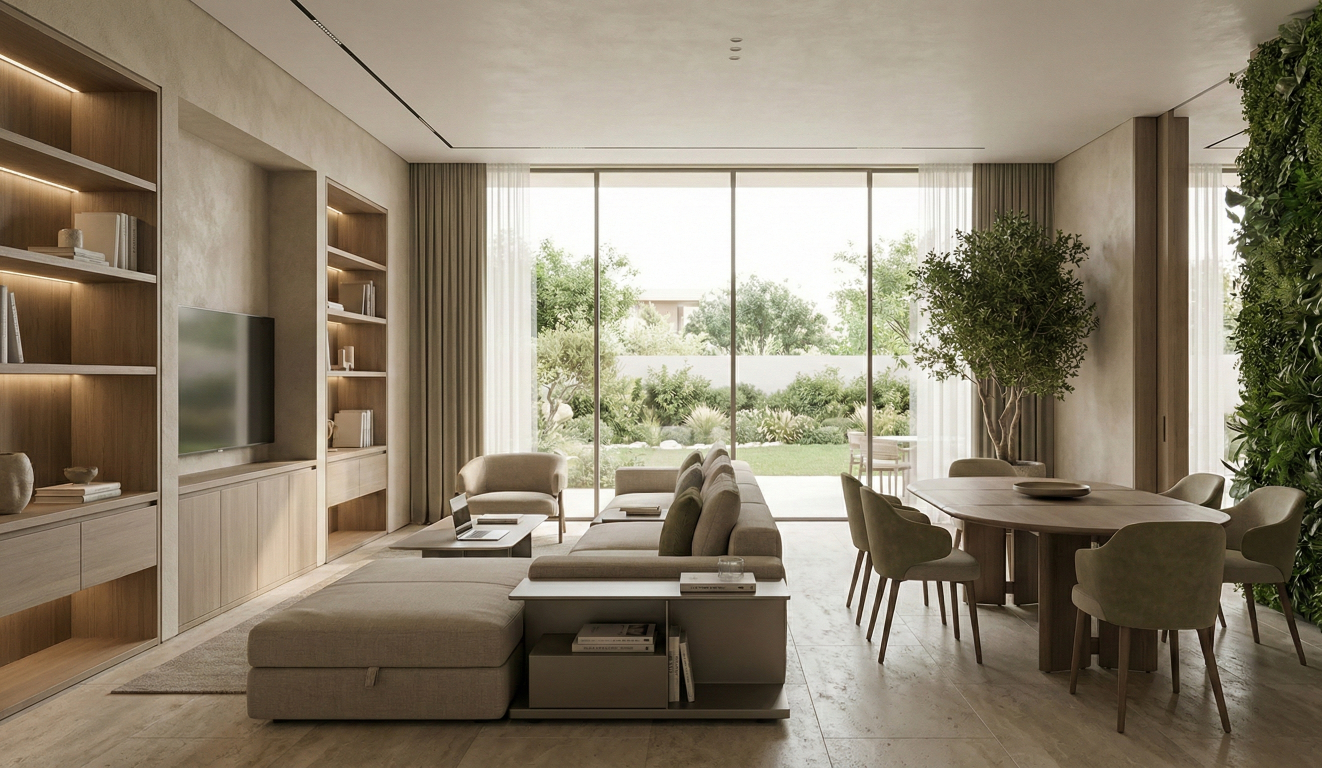 Decor interiors in Kuwait featuring refined simplicity, natural materials, statement lighting, and subtle cultural elegance designed by Fourline Interior.