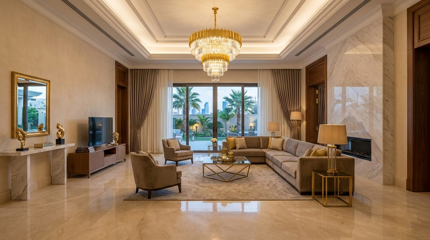 Modern home interior design in Kuwait showing how natural and warm lighting affects neutral color palettes.