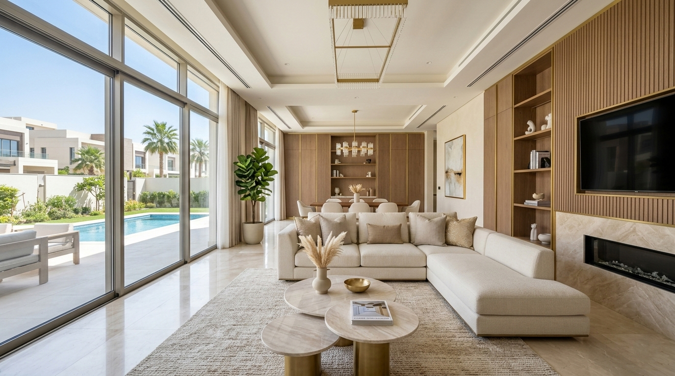 Luxury villa interior demonstrating the 60-30-10 color rule by best interior designers in Kuwait with balanced neutral and gold accents.