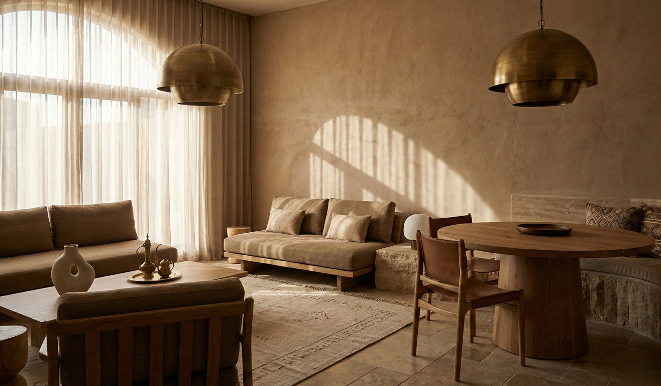 Modern luxury living room interior in Kuwait showcasing 2026 design trends with warm tones, textured finishes, and elegant contemporary furniture by Fourline Interior.