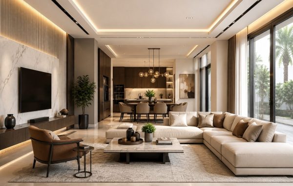 Modern luxury living room with a neutral colour palette, marble accents, wooden finishes, statement lighting, and large windows overlooking a landscaped outdoor area.