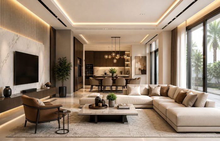 Modern luxury living room with a neutral colour palette, marble accents, wooden finishes, statement lighting, and large windows overlooking a landscaped outdoor area.